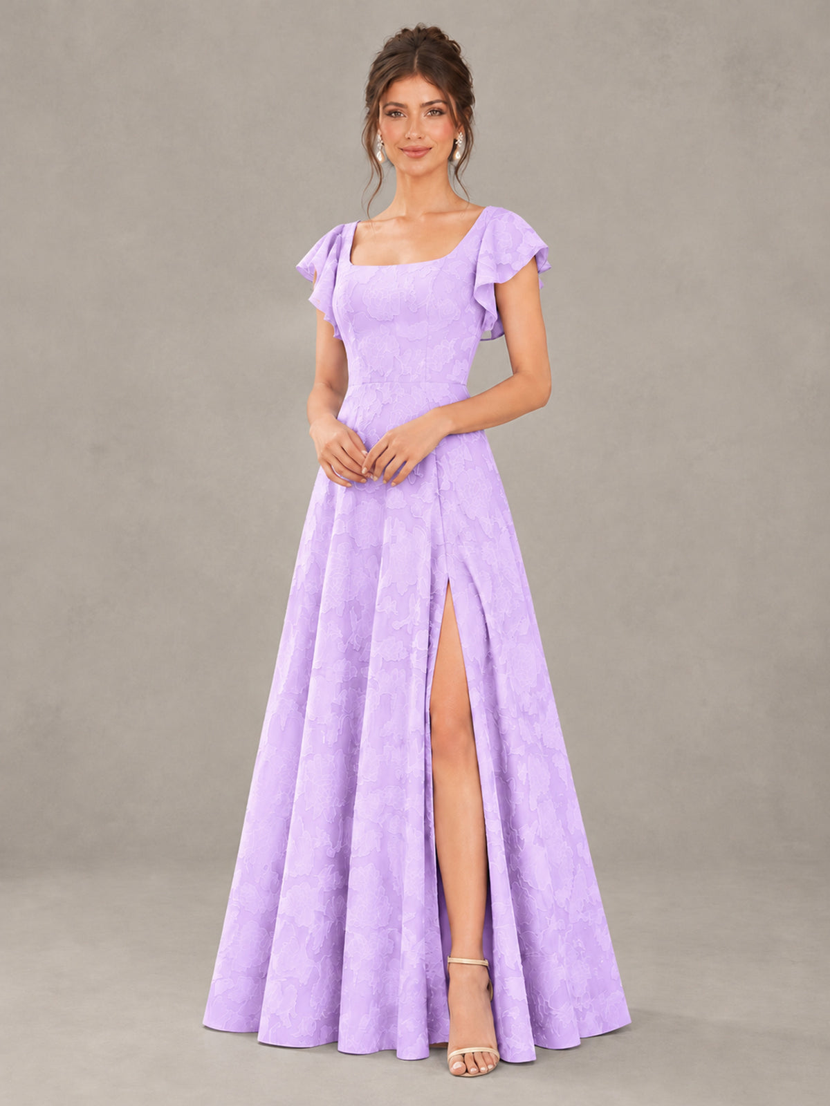 BOLODOO Lilac Floral Flutter Sleeve Bridesmaid Dress with Slit - Lilac - Lilac (4)