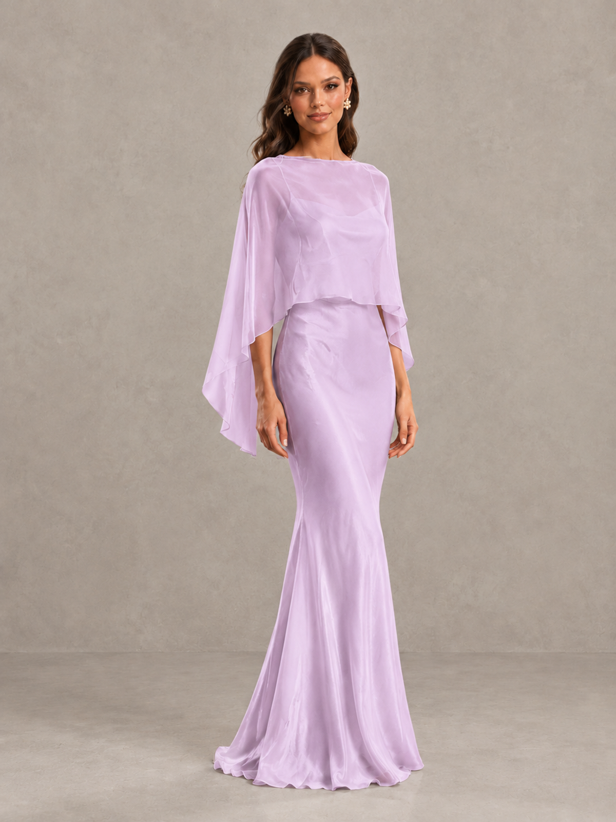 BOLODOO Lilac Satin Mermaid Bridesmaid Dress with Chiffon Cape - Lilac - Lilac (4)