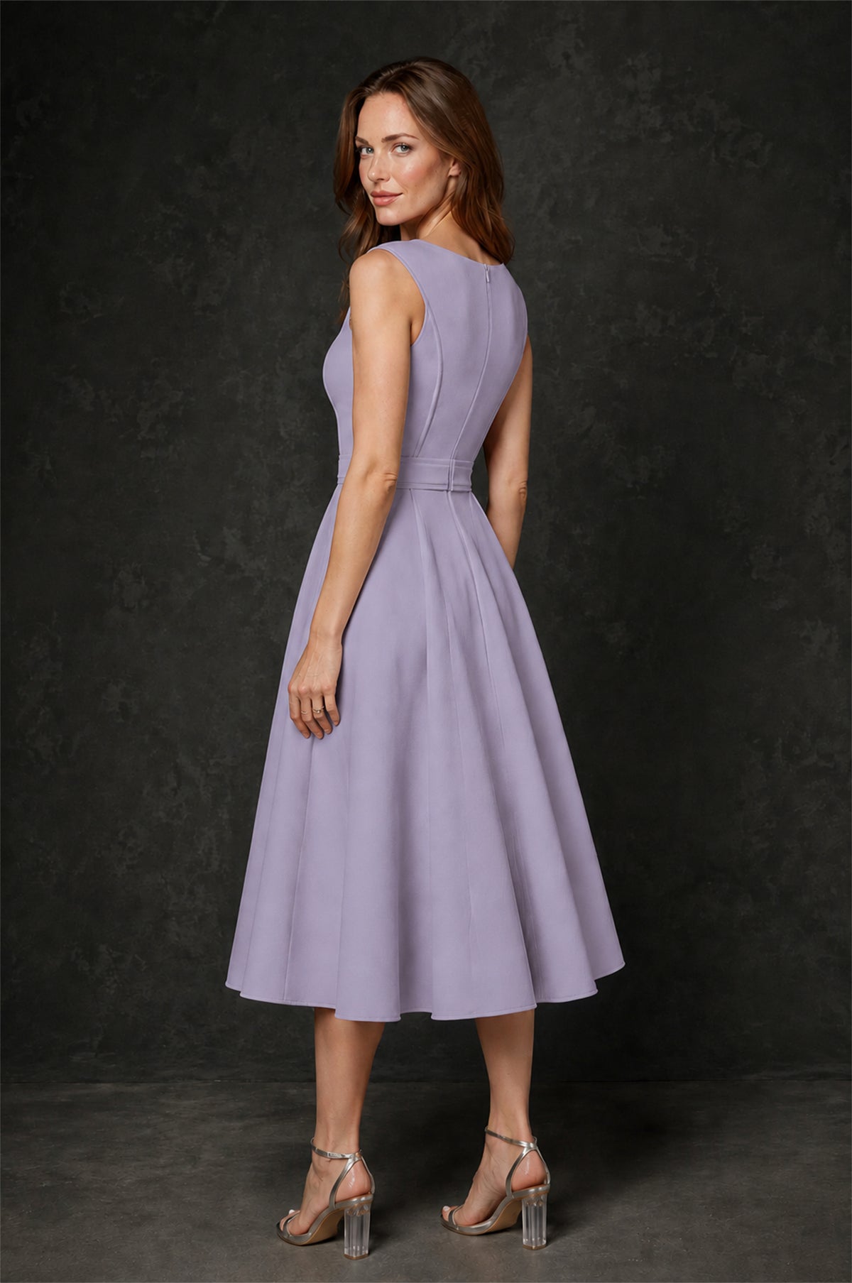BOLODOO Lilac 3D Rosette Appliqué 3/4 Sleeve Jacket & V-Notch Sleeveless A-Line Tea-Length Two-Piece Dress Set - Lilac