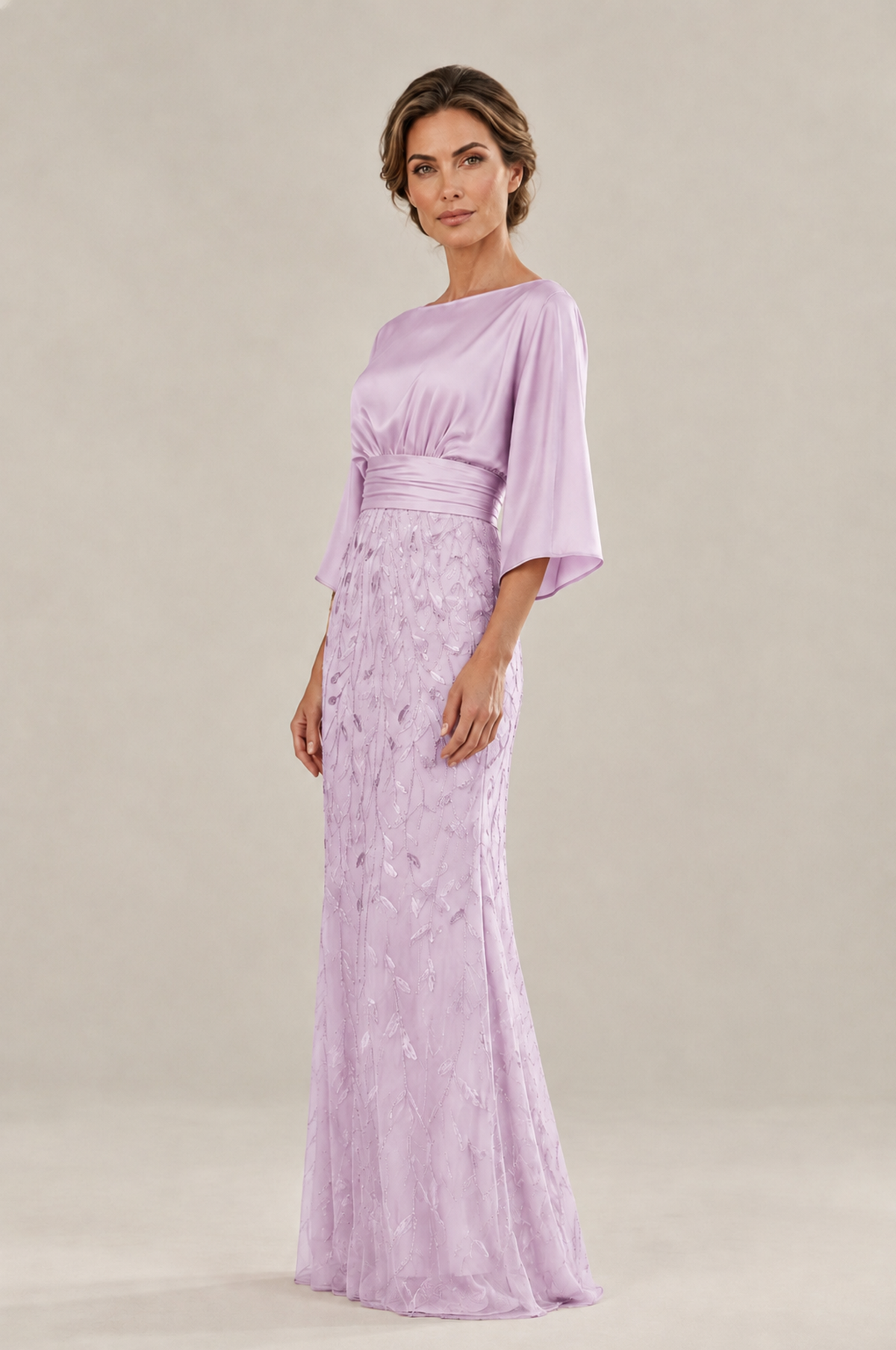 BOLODOO Lilac Mother of the Bride Dress with Kimono Sleeves, Satin Bodice & Sequin Embroidered Mermaid Floor-Length Gown - Lilac - Lilac (4)