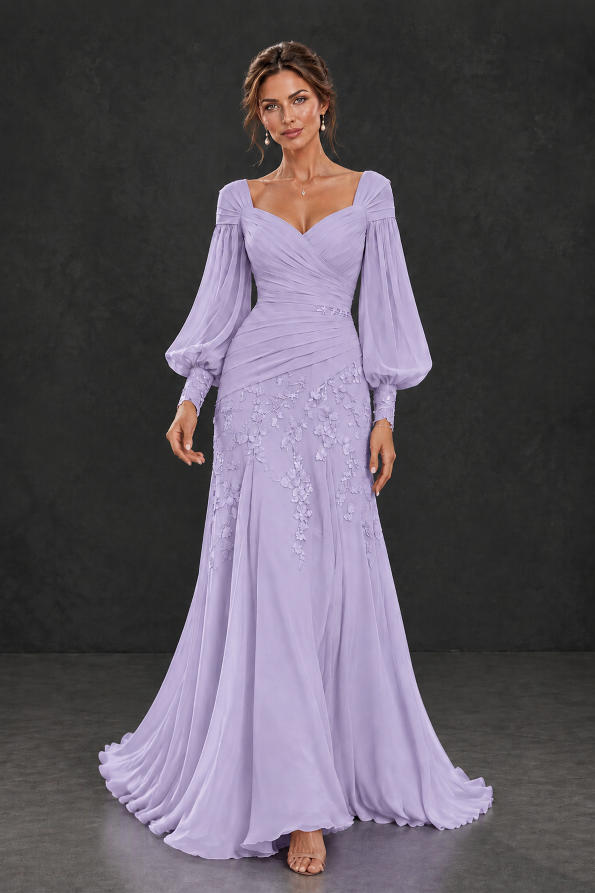 BOLODOO Lilac Long Sleeve Mother of the Bride Dress with Floral Appliqués - Lilac - Lilac (4)