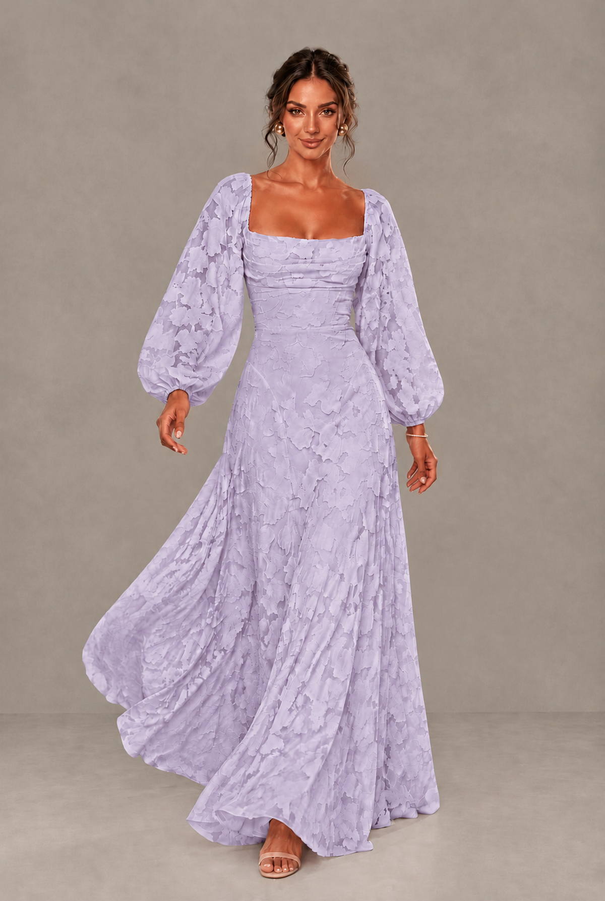 BOLODOO Floral Lilac Long Sleeve A-Line Dress with Lace-Up Back - Lilac