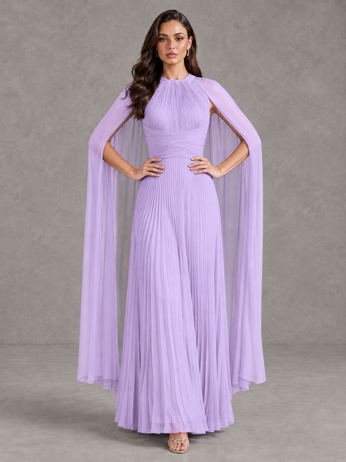 BOLODOO Lilac Pleated Cape Maxi Wedding Guest Dress - Lilac - Lilac (4)