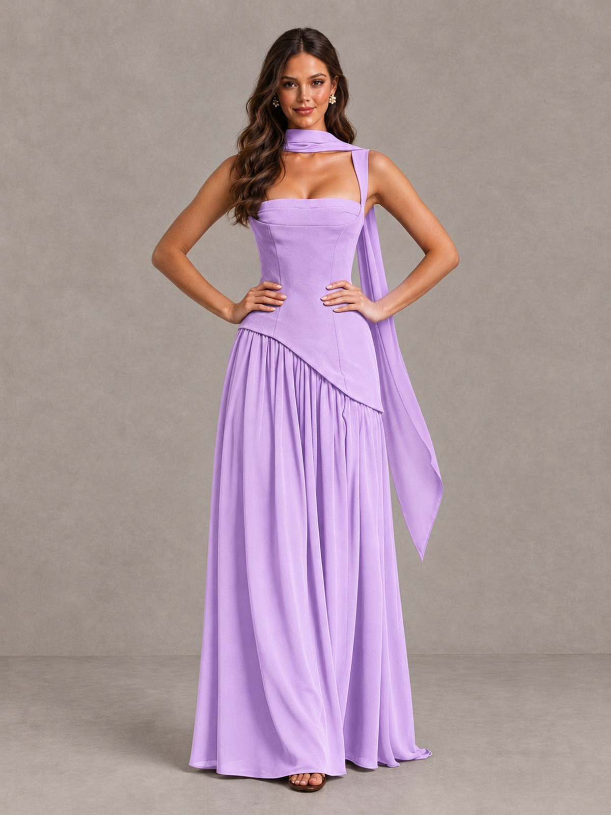 BOLODOO Lilac Brown Scarf Bridesmaid Dress with Lace-Up Back - Lilac - Lilac (4)