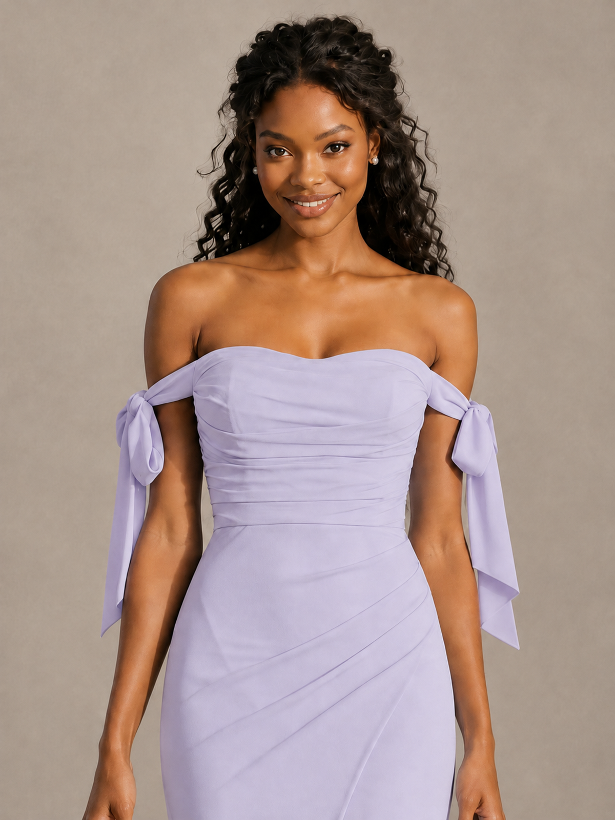 Lilac Off-Shoulder Bow Bridesmaid Dress with Slit - Lilac - Lilac (4)