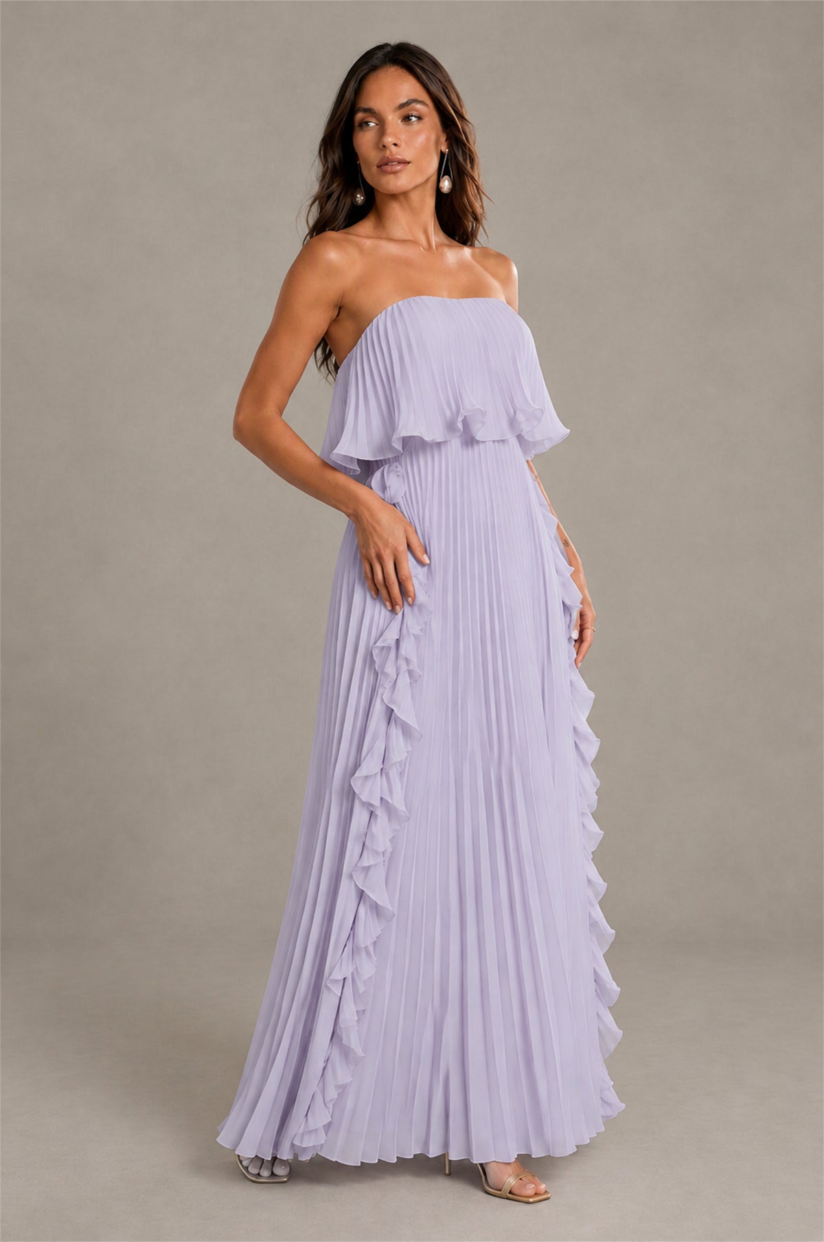 BOLODOO Lilac Strapless Ruffle Bodice Dual Cascading Ruffle Accordion Pleated Chiffon Maxi Dress - Lilac