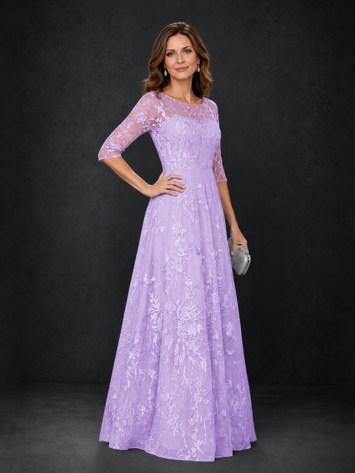 BOLODOO Steel Lilac Floral Lace A-Line Mother of the Bride Dress with 3/4 Sleeves - Lilac
