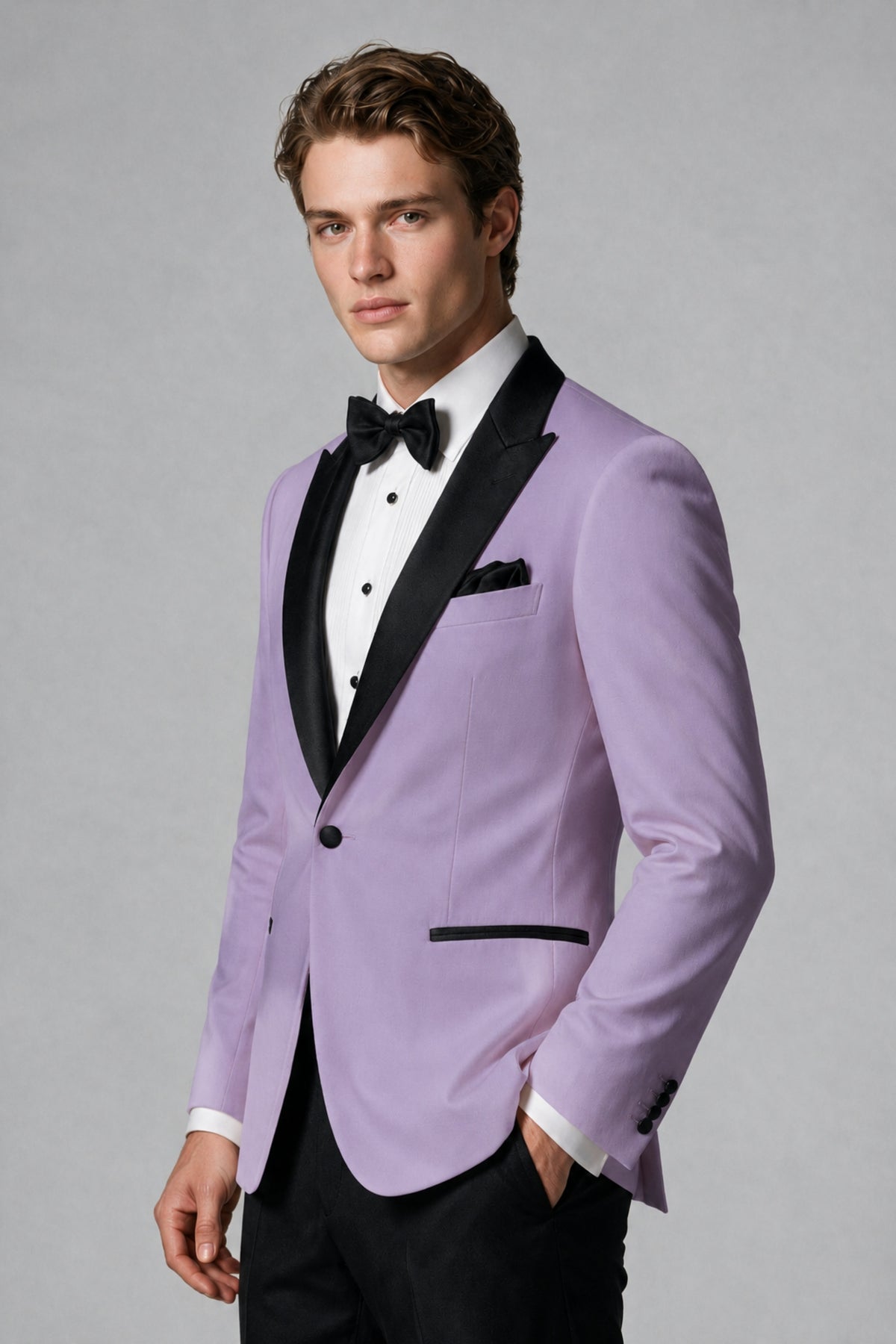BOLODOO Men's Lilac Single-Button Tuxedo Blazer & Black Trousers 2-Piece Suit Set - Lilac - Lilac (4)
