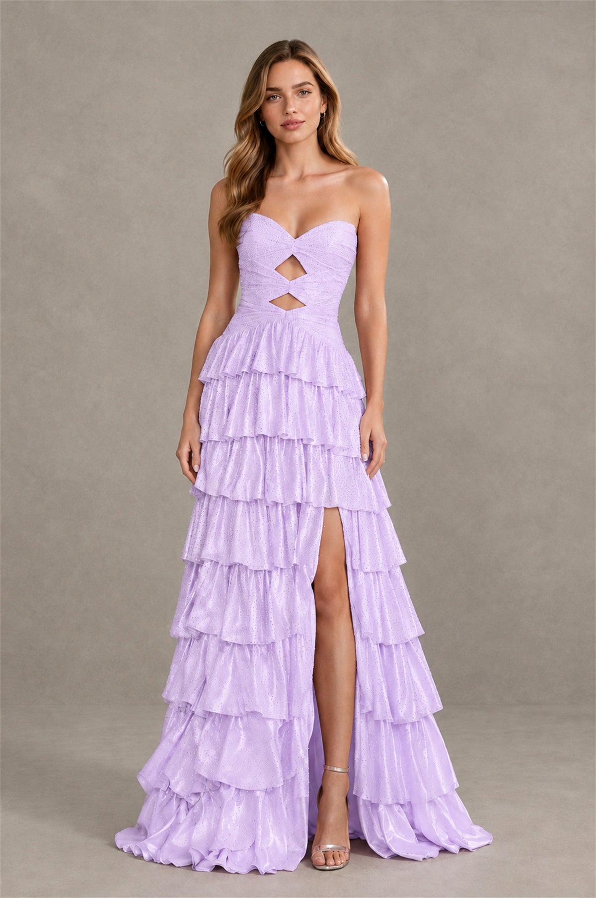 BOLODOO Lilac Strapless Cutout Tiered Ruffle Prom Dress with High Slit - Lilac - Lilac (4)