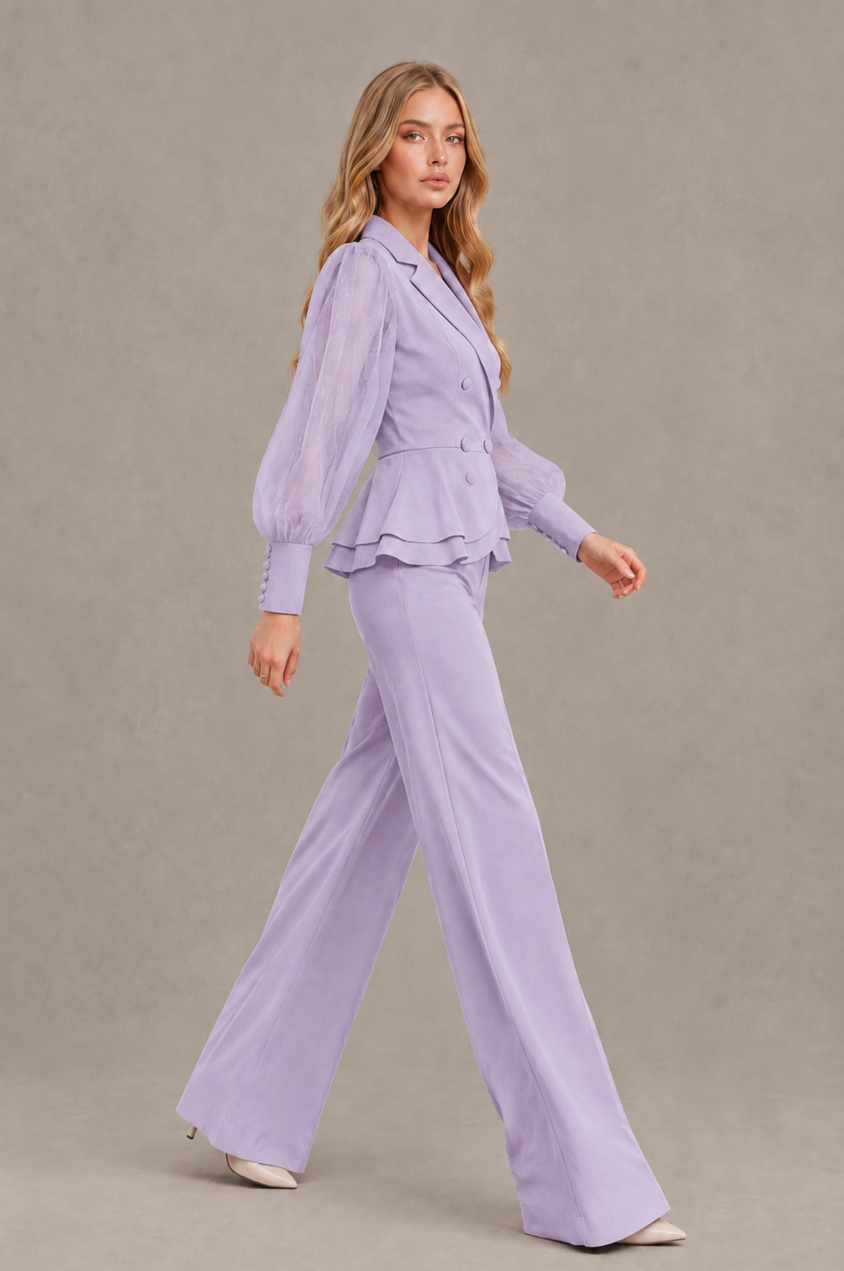 BOLODOO Mint Lilac Peplum Blazer Wide-Leg Pantsuit with Sheer Puff Sleeves - Lilac