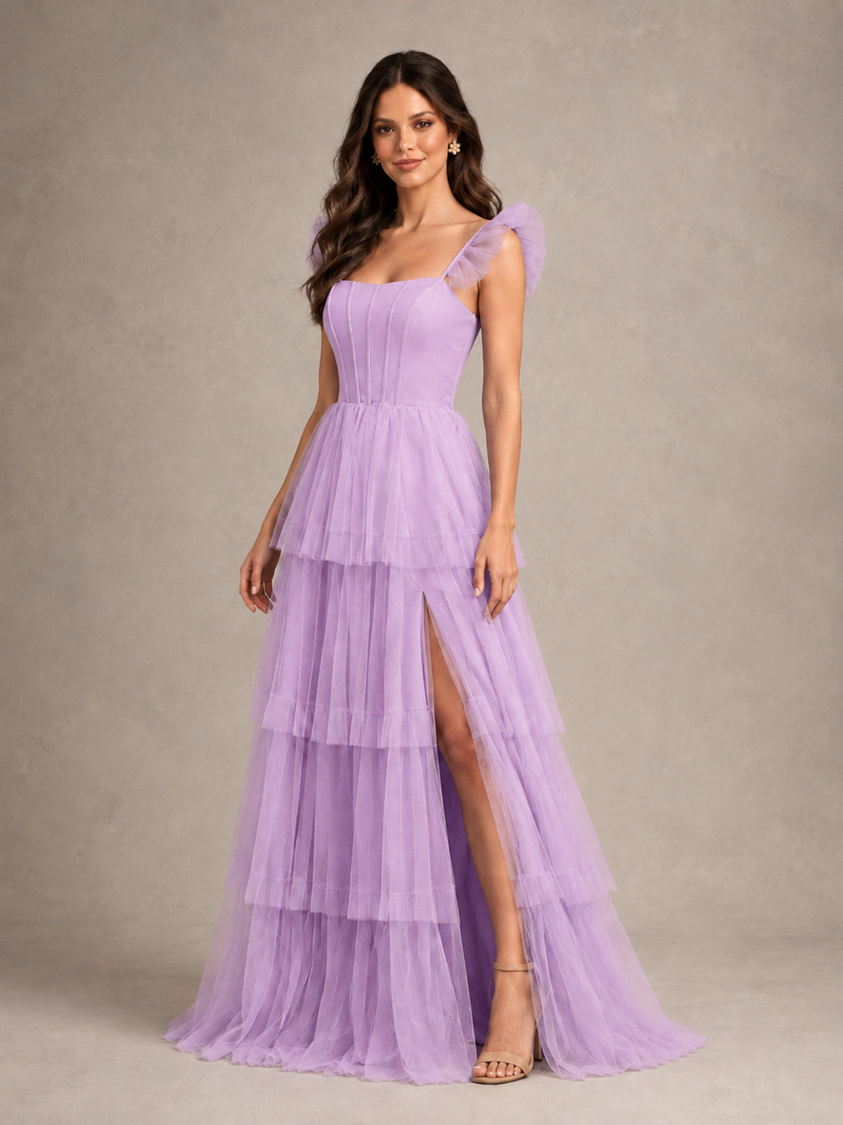 BOLODOO Lilac Tiered Tulle Bridesmaid Dress with Slit - Lilac - Lilac (4)