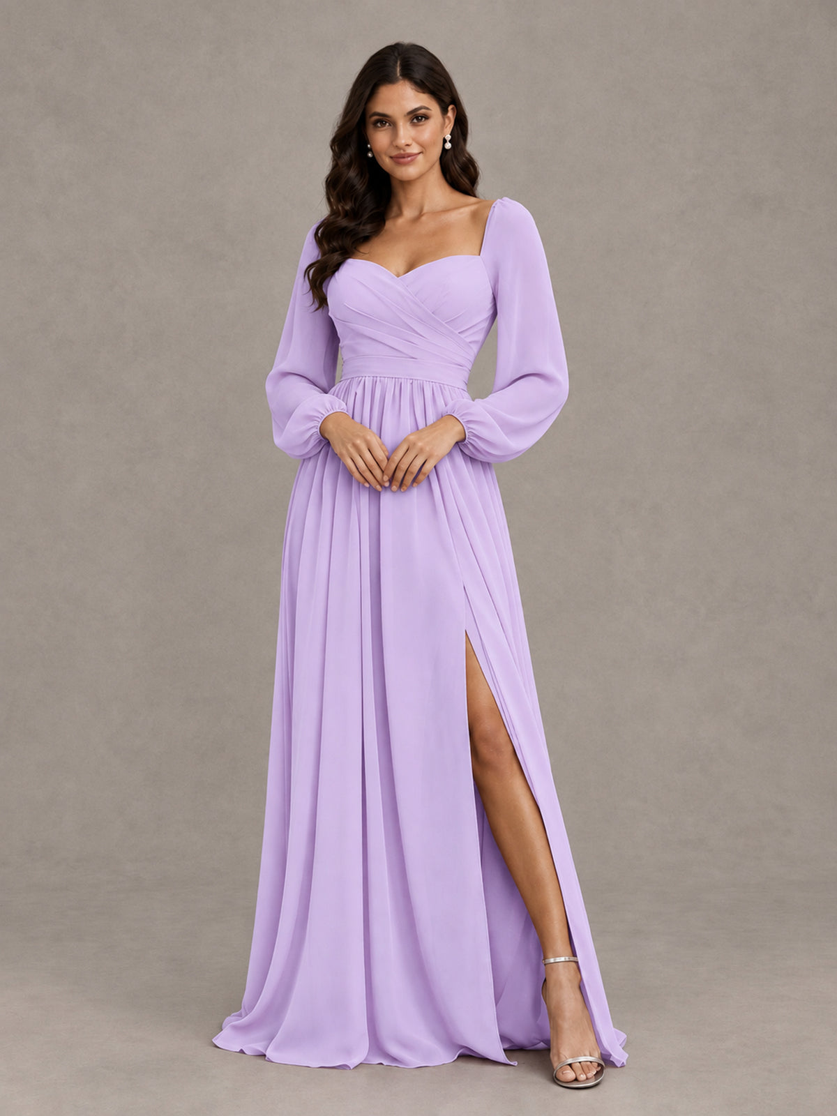 BOLODOO Lilac Long Sleeve Chiffon Bridesmaid Dress with Slit - Lilac - Lilac (4)