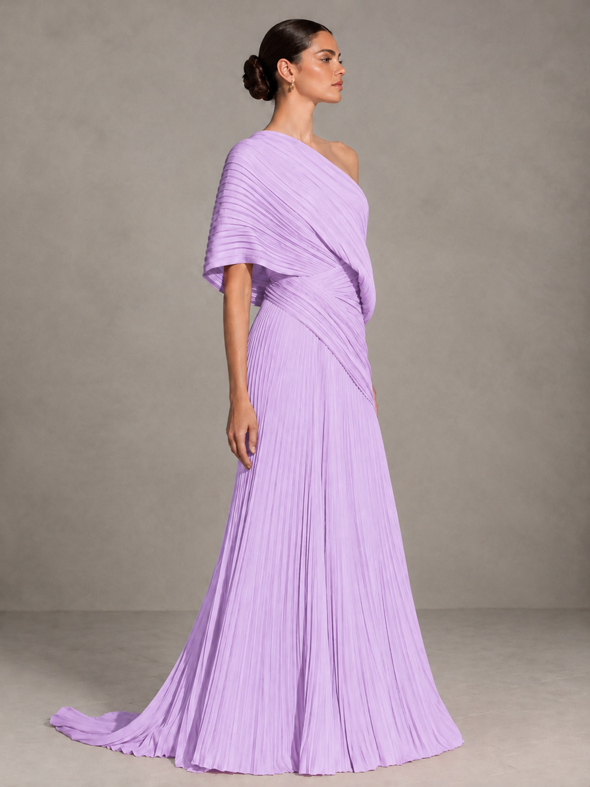 BOLODOO Lilac One-Shoulder Pleated Cape Evening Gown with Train - Lilac - Lilac (4)
