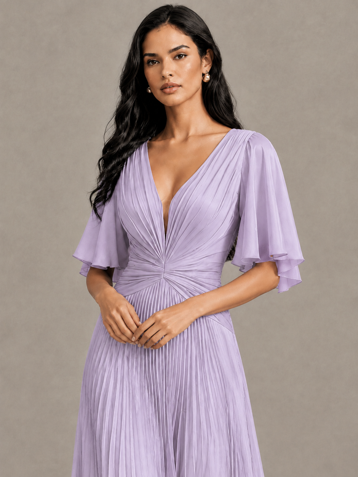 BOLODOO Lilac Pleated V-Neck Flutter Sleeve Bridesmaid Dress - Lilac - Lilac (4)