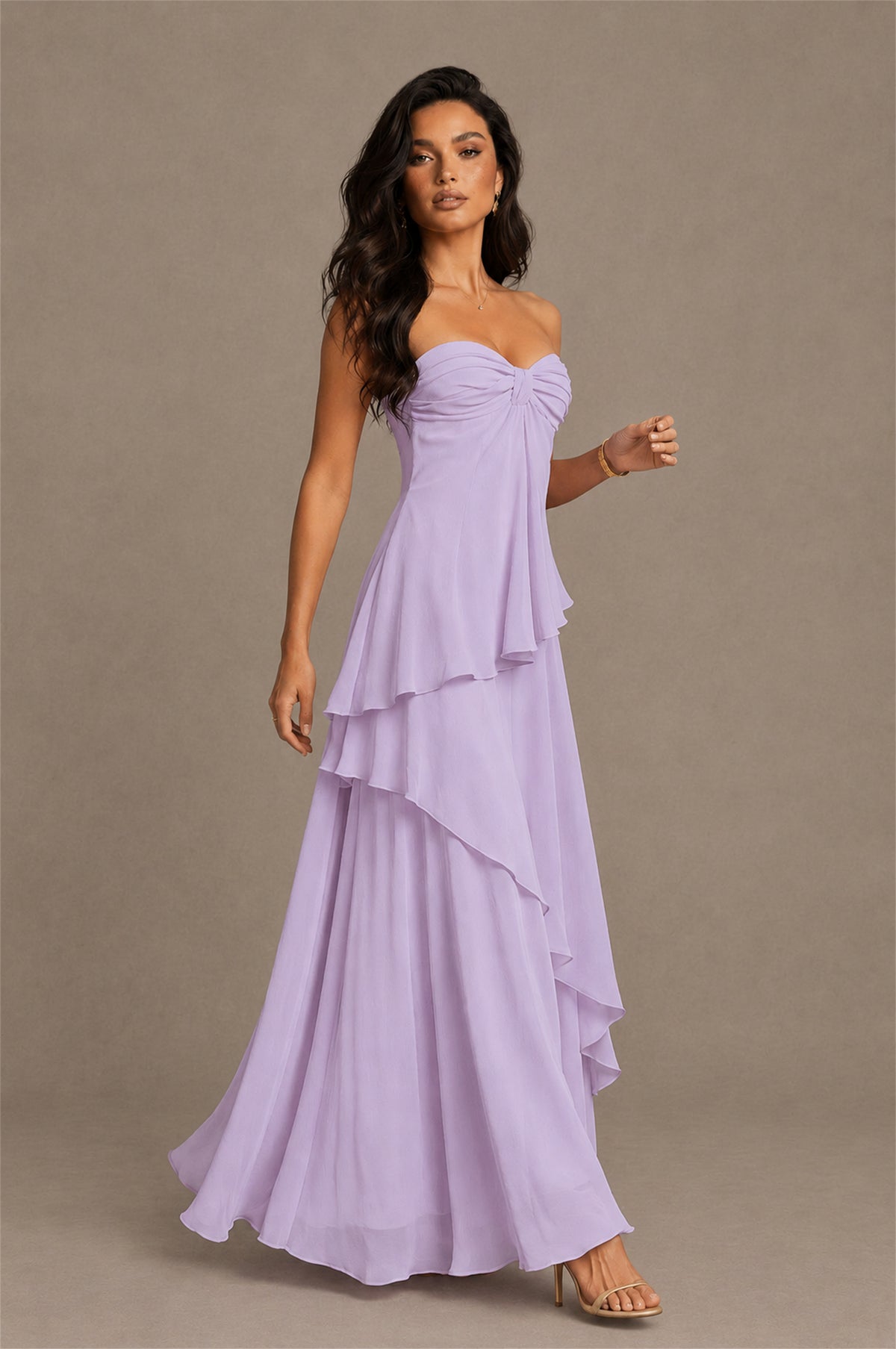 BOLODOO Lilac Strapless Sweetheart Knotted Chiffon Tiered Maxi Dress with Lace-Up Back - Lilac
