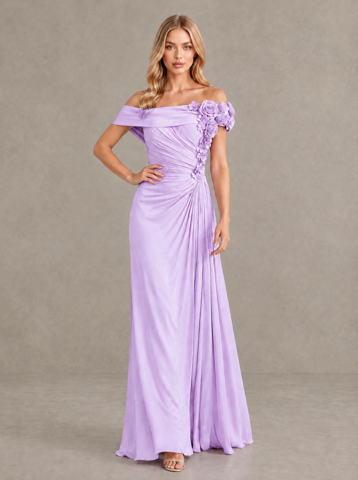 BOLODOO Lilac Off-Shoulder Floral Applique Wedding Guest Maxi Dress - Lilac - Lilac (4)