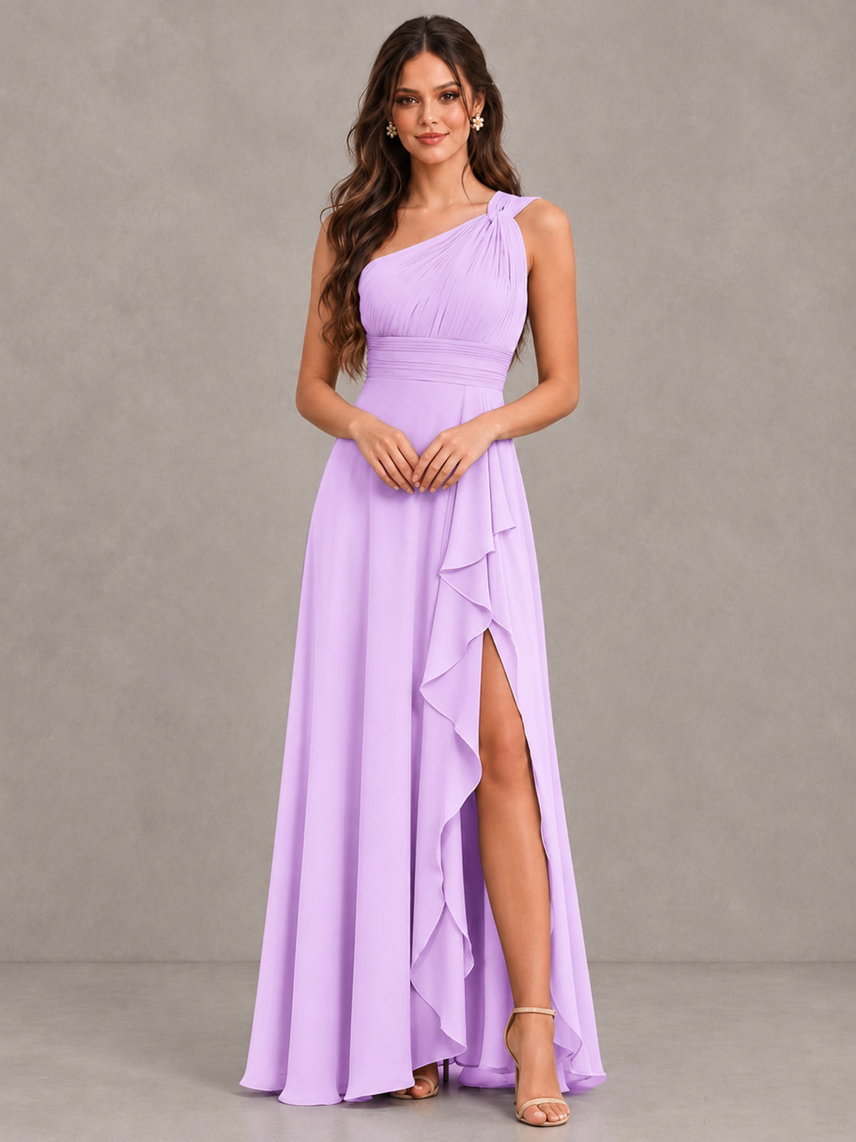 BOLODOO Lilac One-Shoulder Ruffle Bridesmaid Dress with Slit - Lilac - Lilac (4)