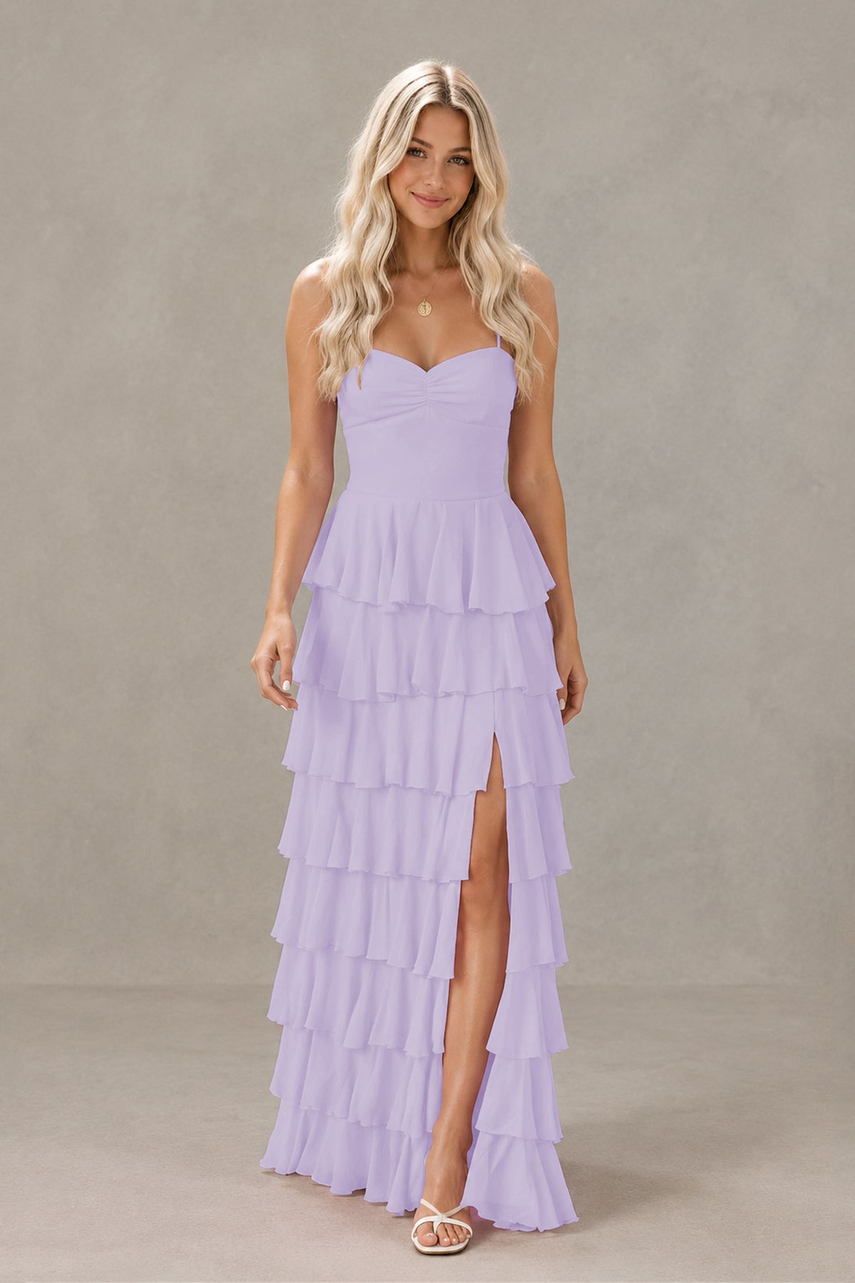 BOLODOO Lilac Strapless Tiered Ruffle Maxi Dress with Slit & Lace-Up Back - Lilac
