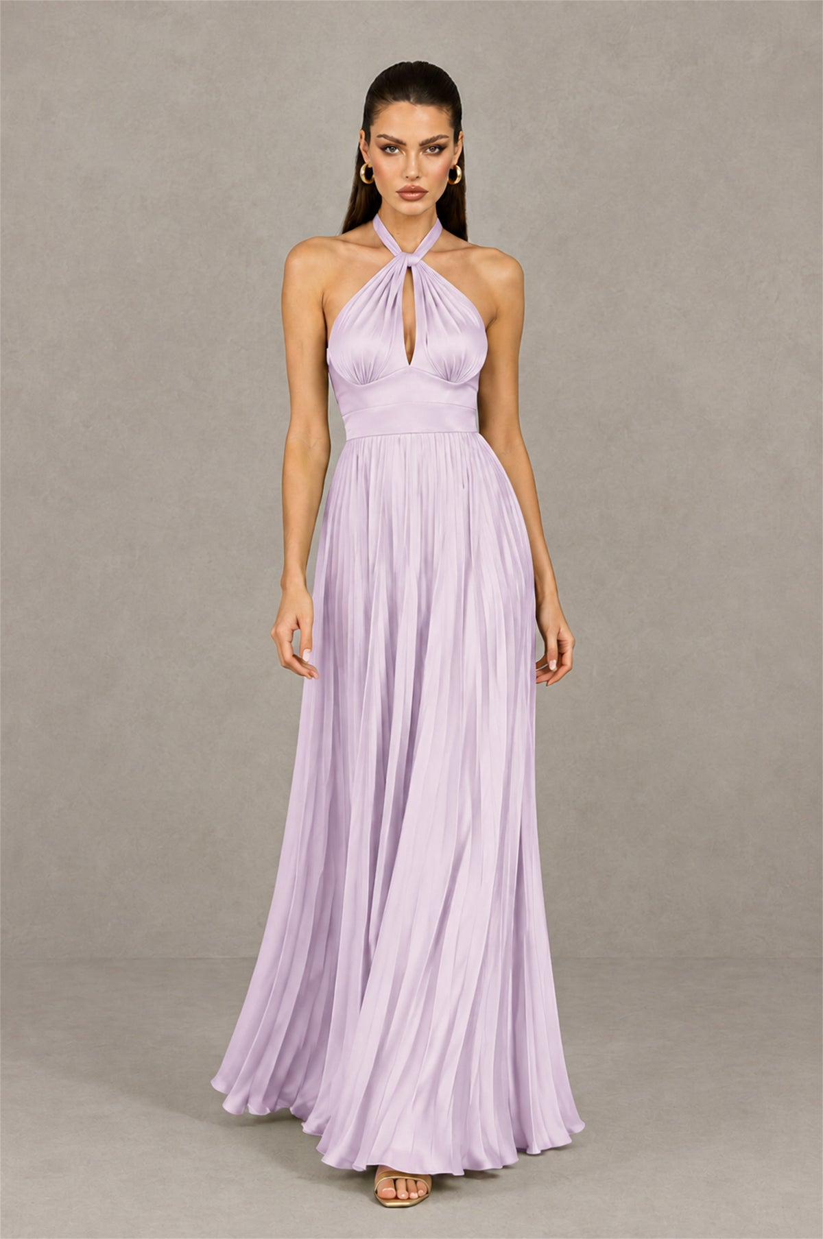 BOLODOO Lilac Halter Pleated A-Line Evening Dress - Lilac