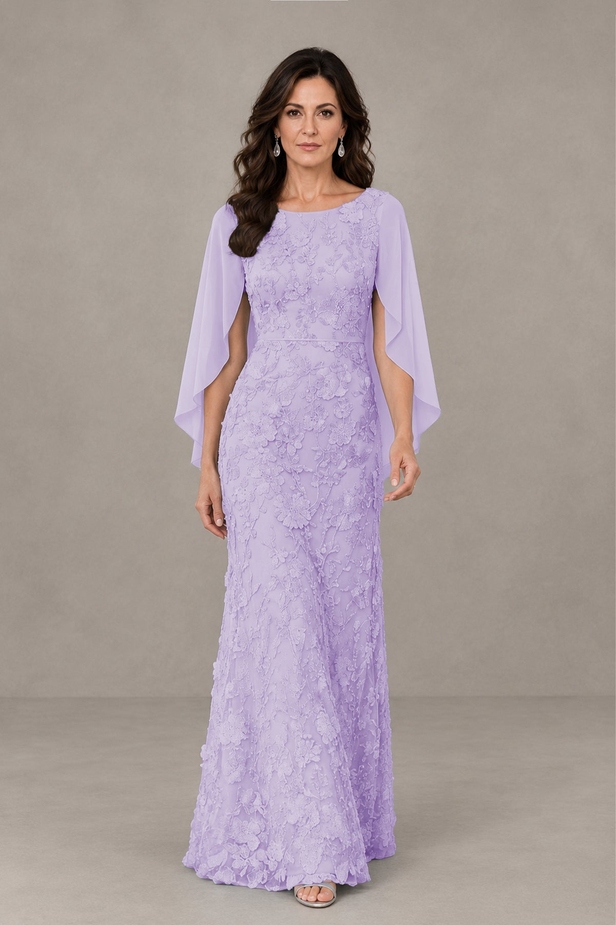 BOLODOO Lilac Lace Mother of the Bride Dress with Cape Sleeves - Lilac