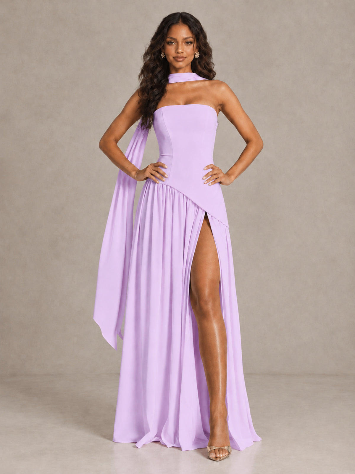 Lilac Strapless Bridesmaid Dress with Scarf & High Slit - Lilac - Lilac (4)