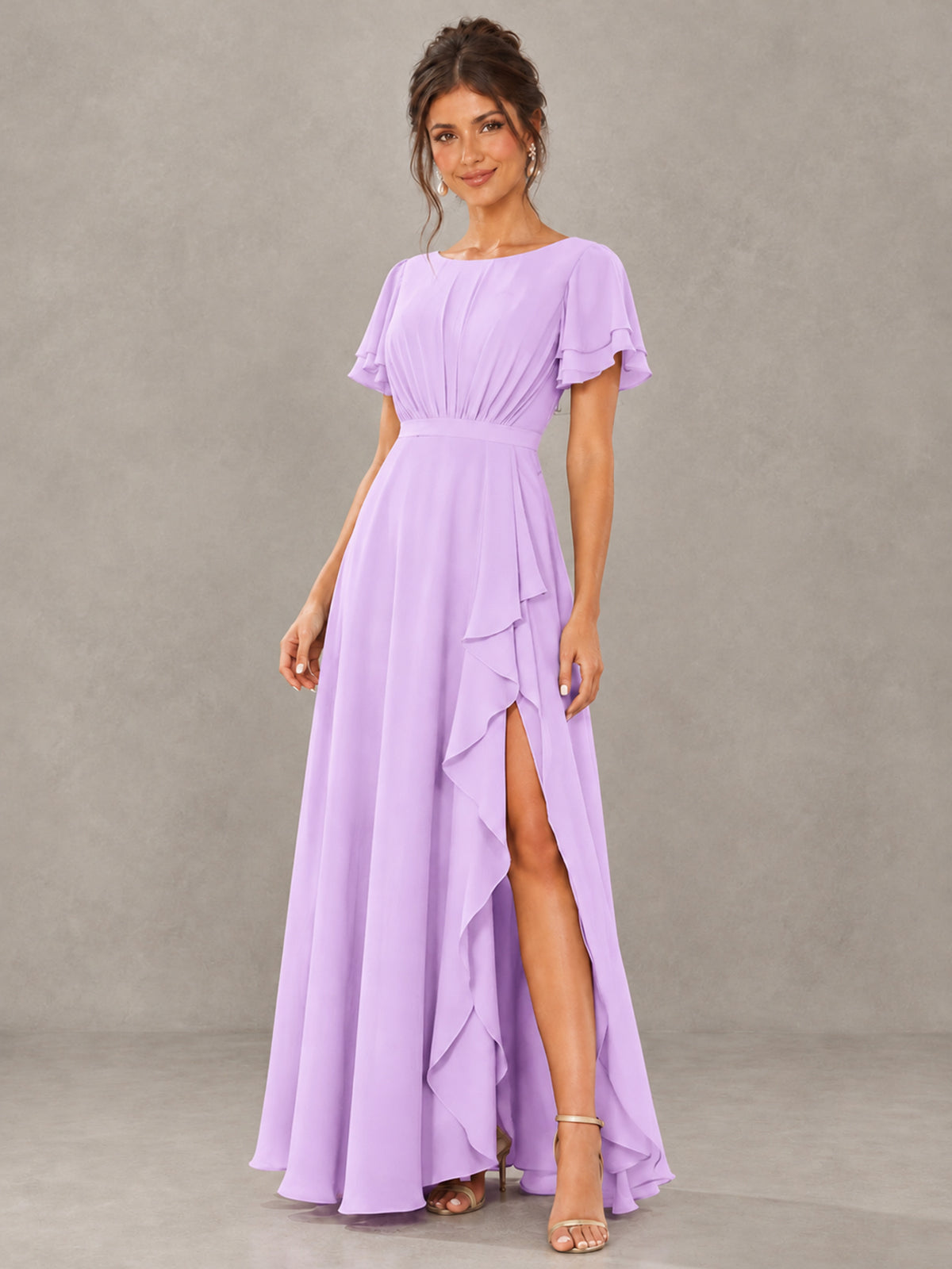 BOLODOO Lilac Flutter Sleeve Ruffle Bridesmaid Dress with Slit - Lilac - Lilac (4)