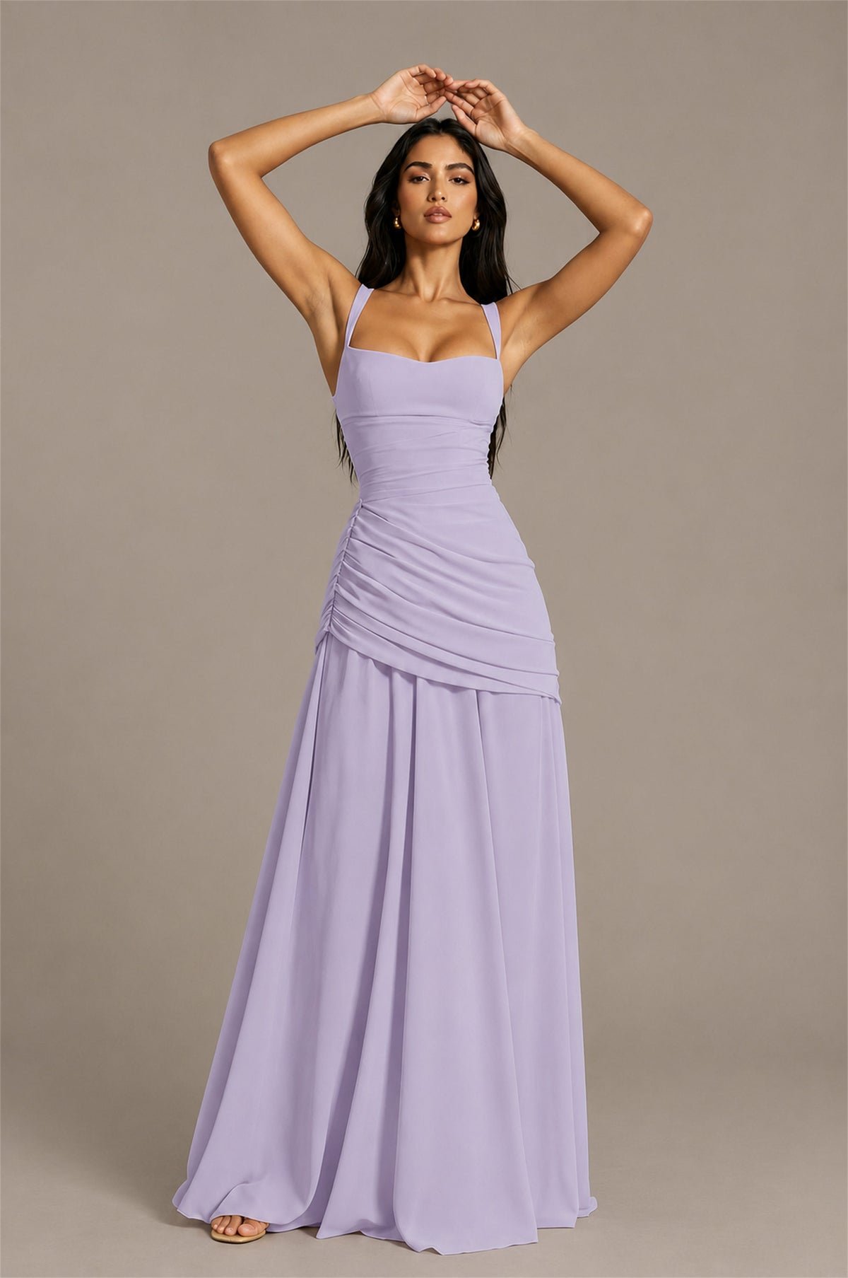 BOLODOO Square Neck Ruched A-Line Maxi Dress - Lilac Backless Evening Gown - Lilac