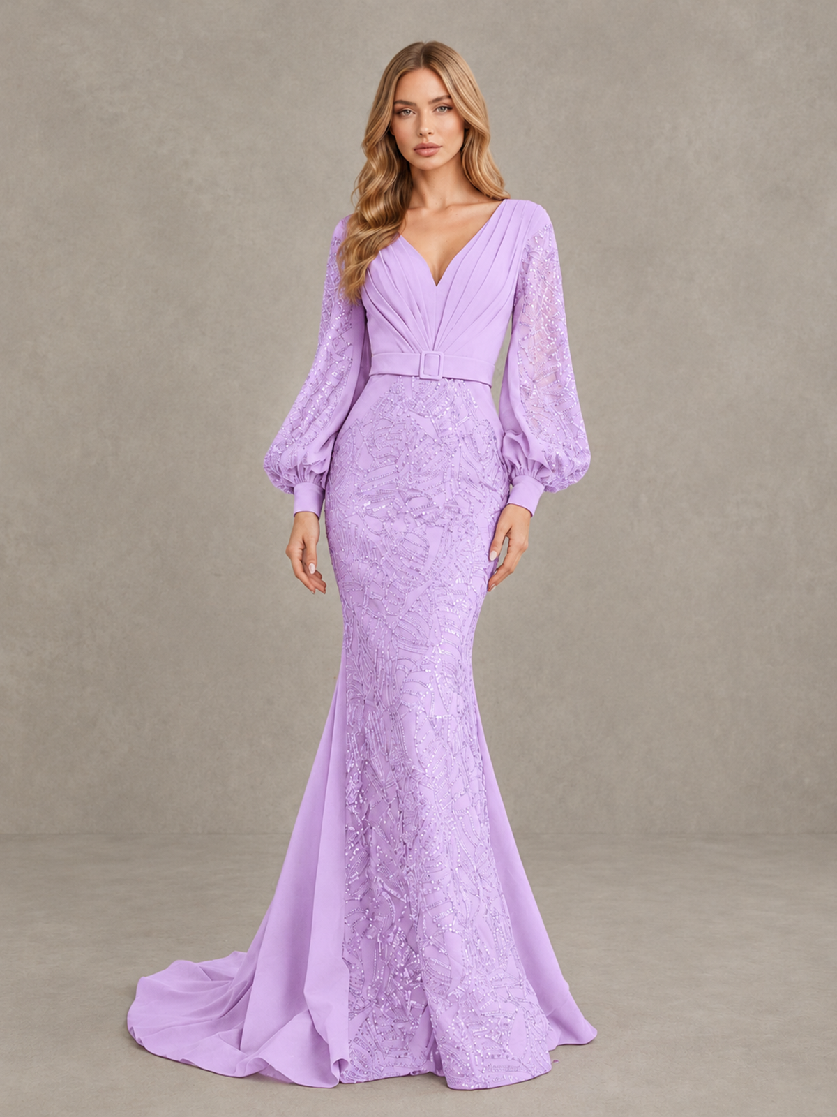 BOLODOO Lilac Sequin Long Bishop Sleeve Mermaid Evening Dress - Lilac - Lilac (4)