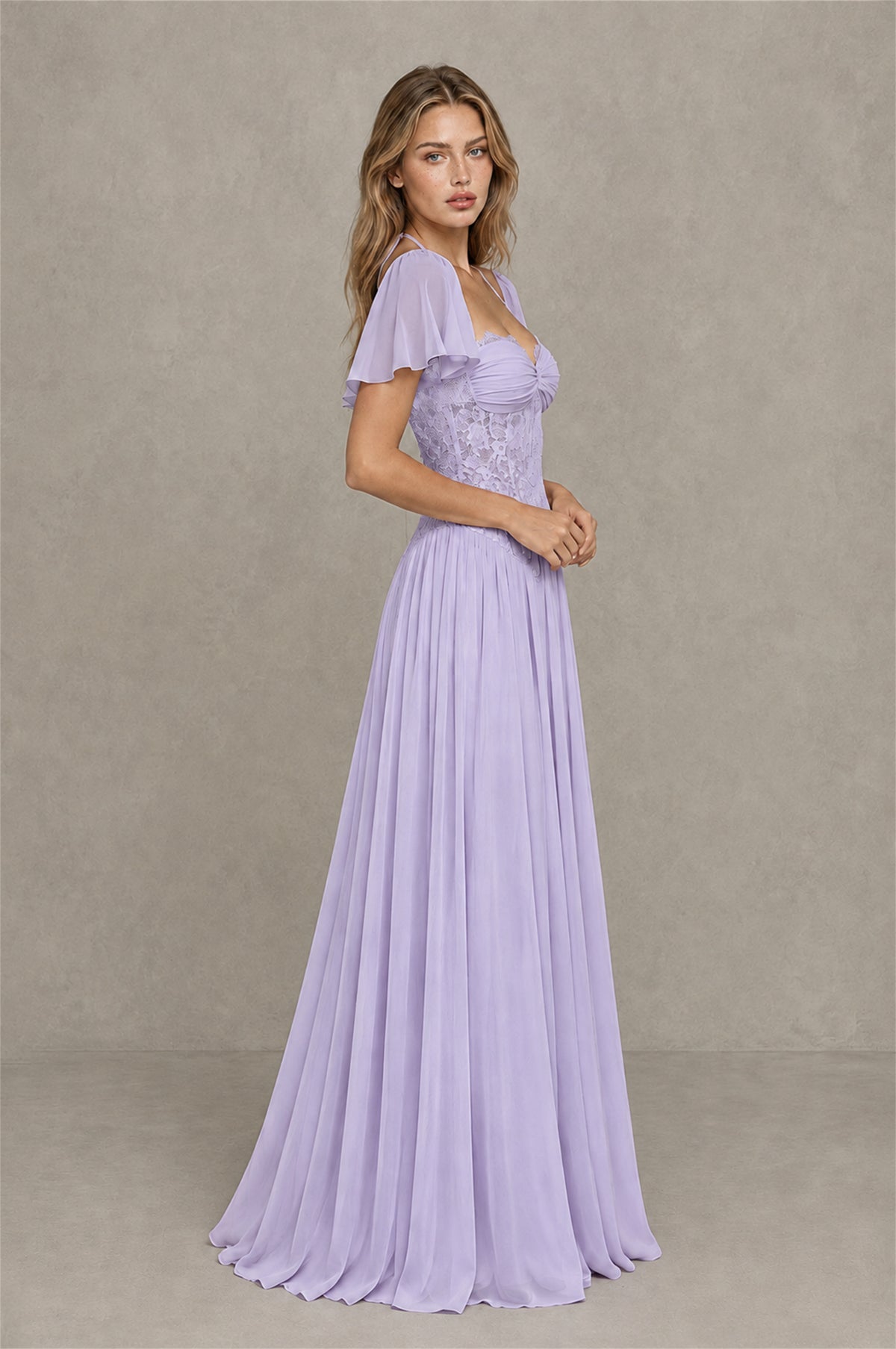 BOLODOO Lilac Flutter Sleeve Lace Corset A-Line Maxi Dress - Lilac - Lilac (4)