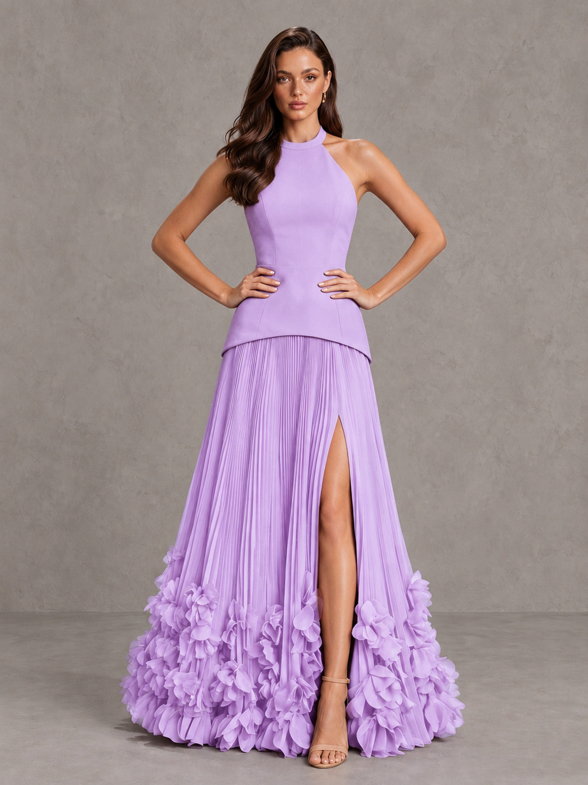 BOLODOO Lilac Halter Neck Floor-Length Evening Gown with High Slit & 3D Floral Hem - Lilac - Lilac (4)
