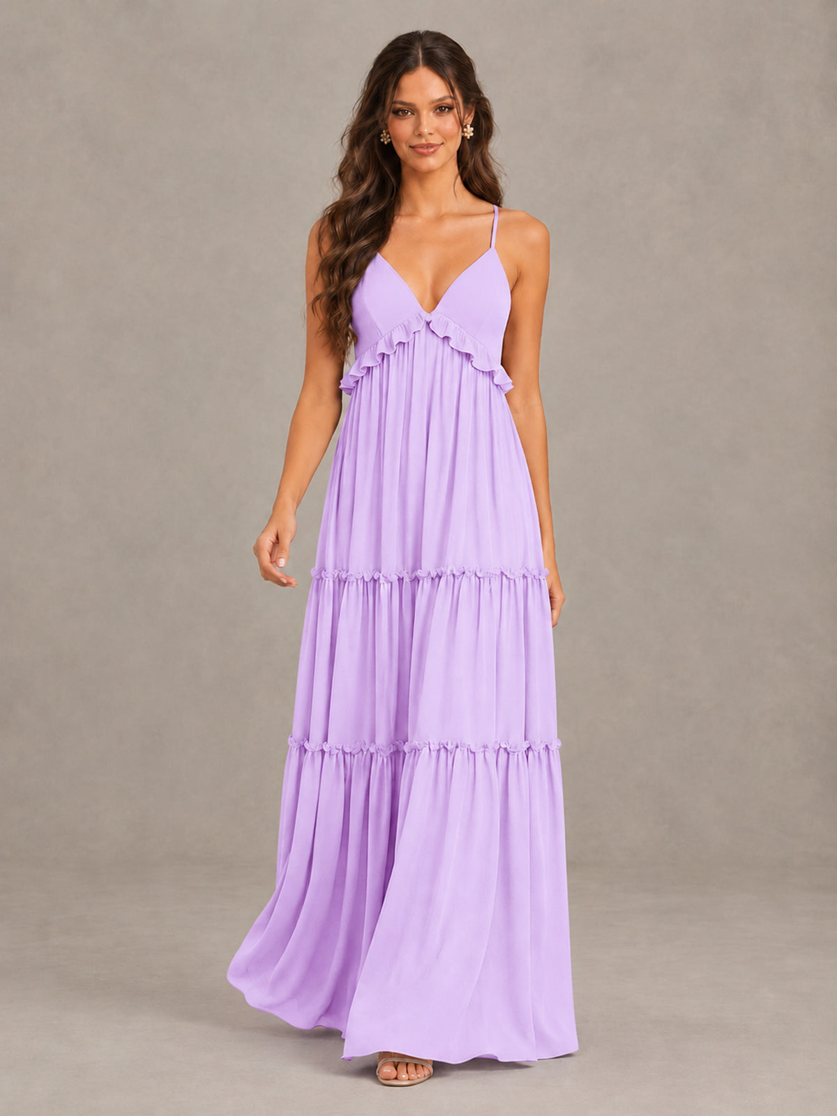 BOLODOO Lilac Tiered V-Neck Lace-Up Back Bridesmaid Dress - Lilac - Lilac (4)