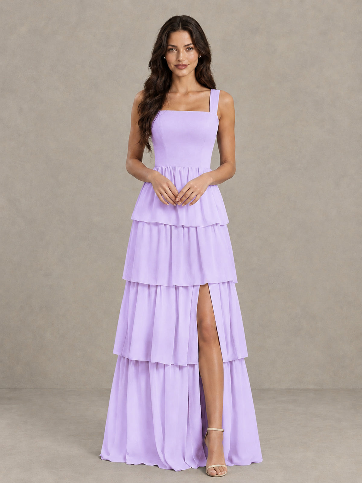 BOLODOO Lilac Square Neck Tiered Bridesmaid Dress with Slit - Lilac - Lilac (4)