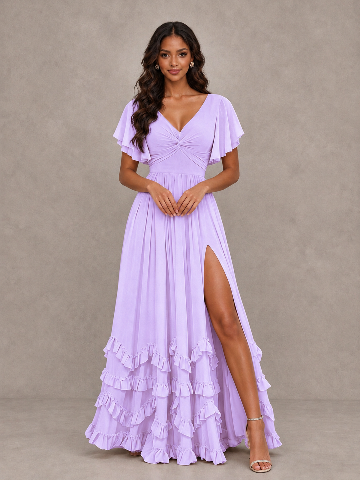 BOLODOO Lilac V-Neck Flutter Sleeve Ruffle Bridesmaid Dress with Slit - Lilac - Lilac (4)