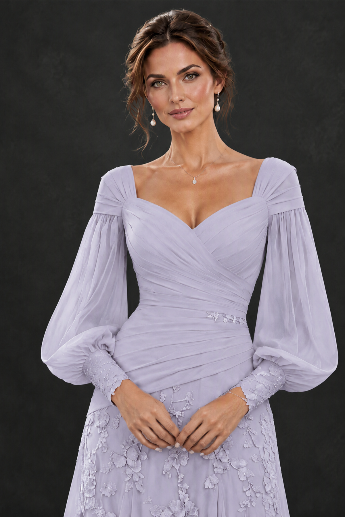 BOLODOO Lilac Long Sleeve Mother of the Bride Dress with Floral Appliqués - Lilac - Lilac (5)