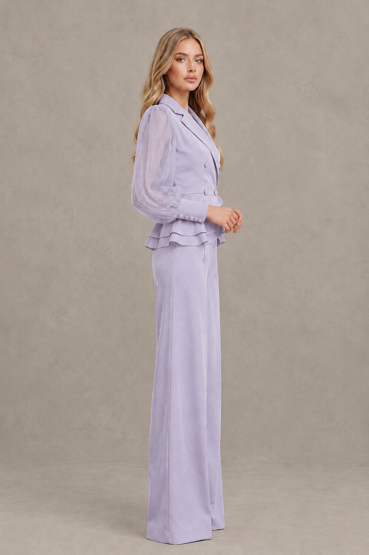 BOLODOO Mint Lilac Peplum Blazer Wide-Leg Pantsuit with Sheer Puff Sleeves - Lilac