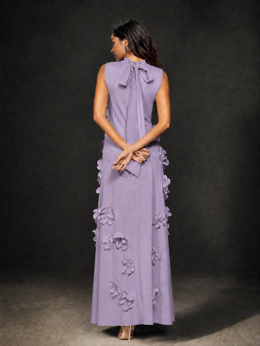 BOLODOO Lilac Mock Neck Sleeveless 3D Floral Appliqué Maxi Dress with Bow Back - Lilac