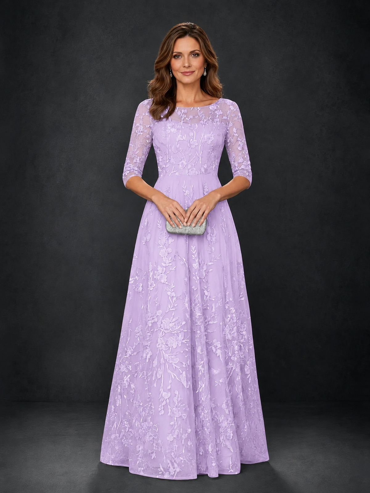 BOLODOO Steel Lilac Floral Lace A-Line Mother of the Bride Dress with 3/4 Sleeves - Lilac