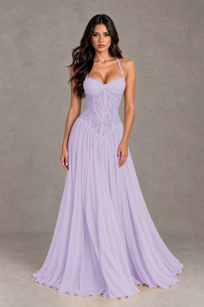 BOLODOO Lilac Lace Corset Halter Maxi Gown – Backless A-Line Formal Dress 