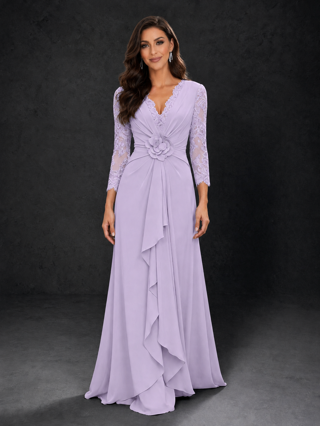 BOLODOO Lilac Lace Sleeve V-Neck Floral Waist Chiffon A-Line Maxi Dress 