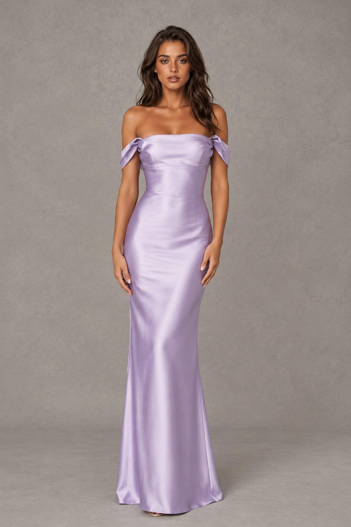 Front view of the BOLODOO QQ049 lilac floor-length off-the-shoulder formal dress