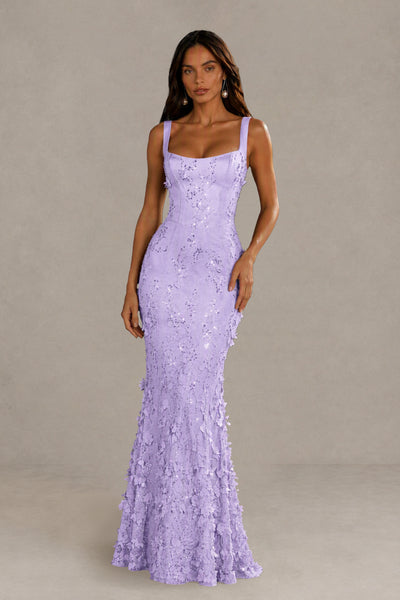 BOLODOO Lilac Sequin 3D Floral Mermaid Maxi Gown – Lace-Up Back Formal Dress 