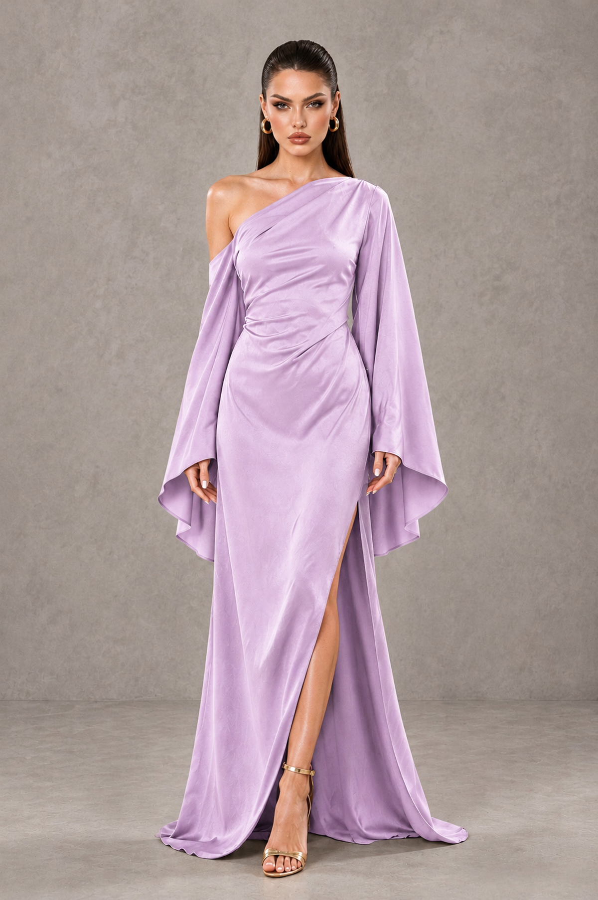 BOLODOO QQ097 lilac one-shoulder evening gown, front view with cape sleeves and high slit
