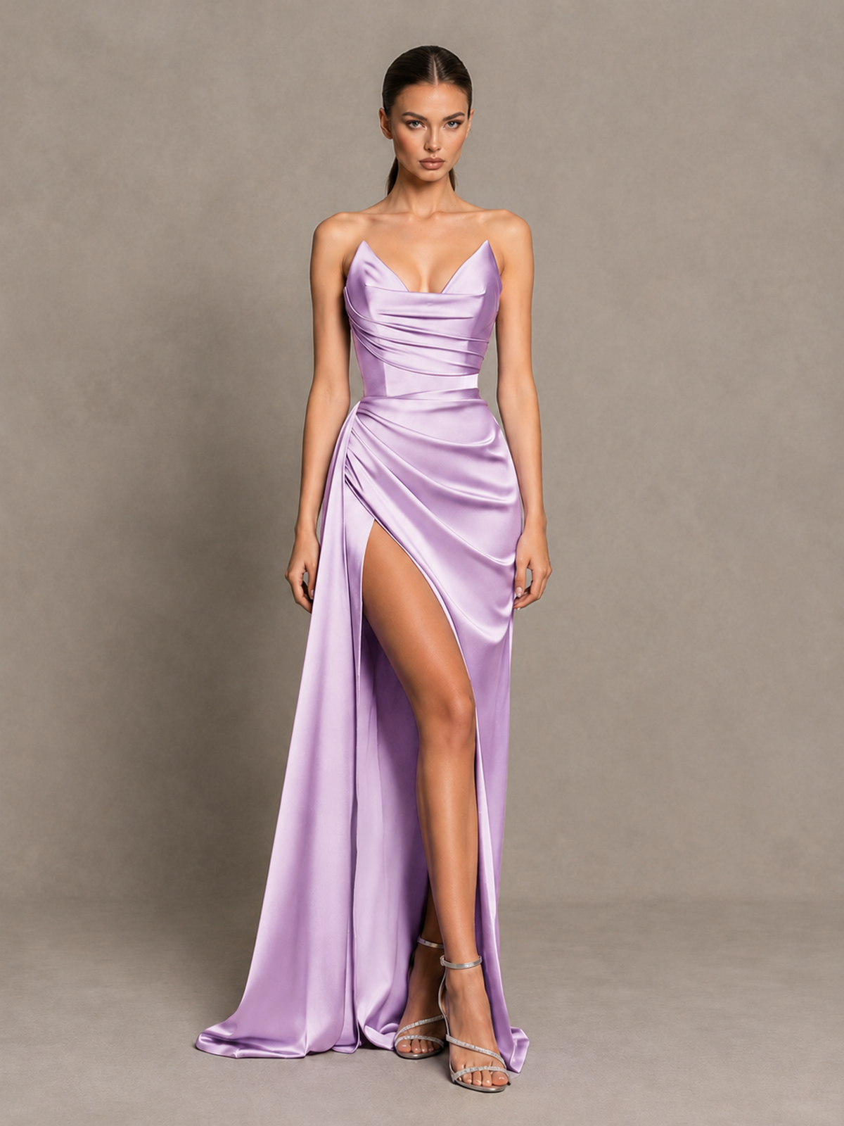 BOLODOO Lilac Strapless Satin High-Slit Lace-Up Prom Dress 