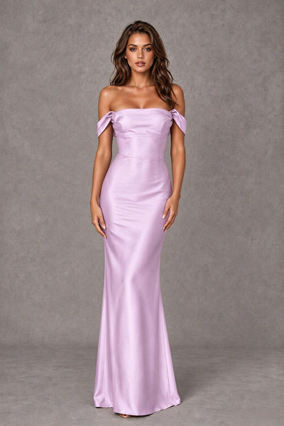 BOLODOO Lilac Off-the-Shoulder Satin-Look Bridesmaid Dress, Floor-Length Evening Gown 