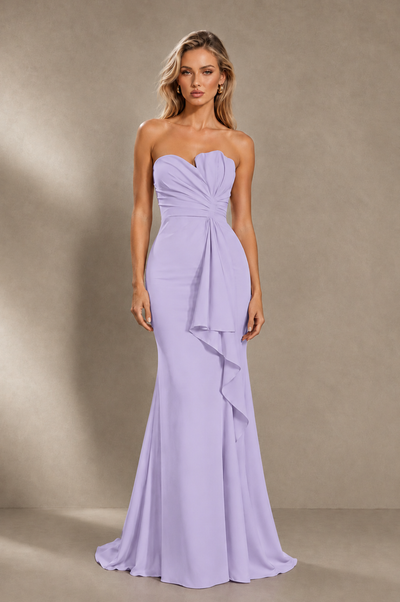 BOLODOO Lilac Strapless Sweetheart Ruched Mermaid Gown | Cascade Drape Formal Evening Dress 