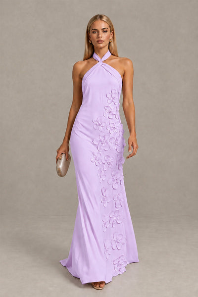 BOLODOO Lilac Cross Halter Neck 3D Floral Appliqué Backless Mermaid Maxi Gown 