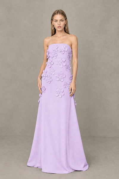 BOLODOO Lilac Strapless 3D Floral Appliqué Crepe Maxi Gown 