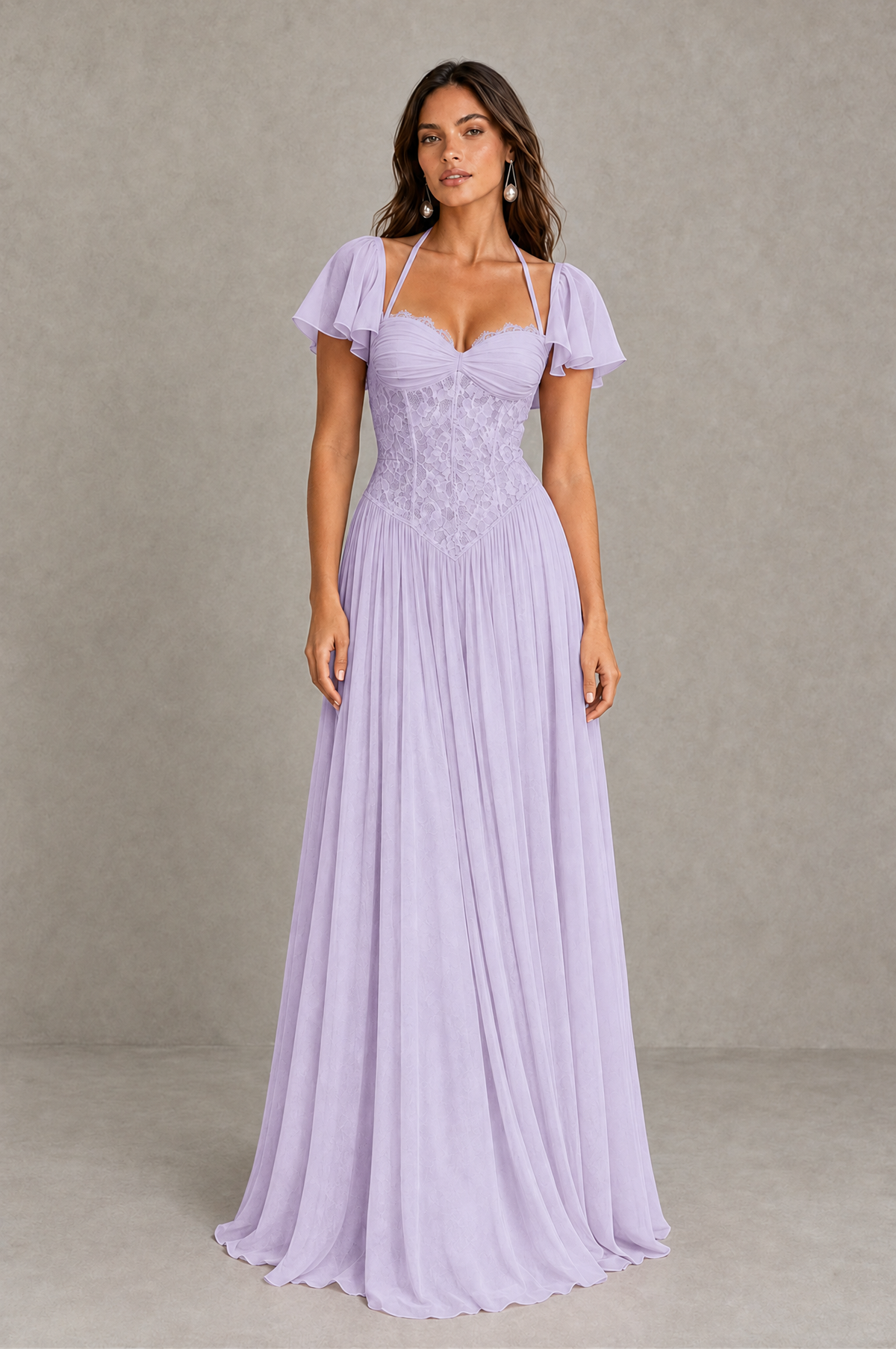 BOLODOO Lilac Flutter Sleeve Lace Corset A-Line Maxi Dress 