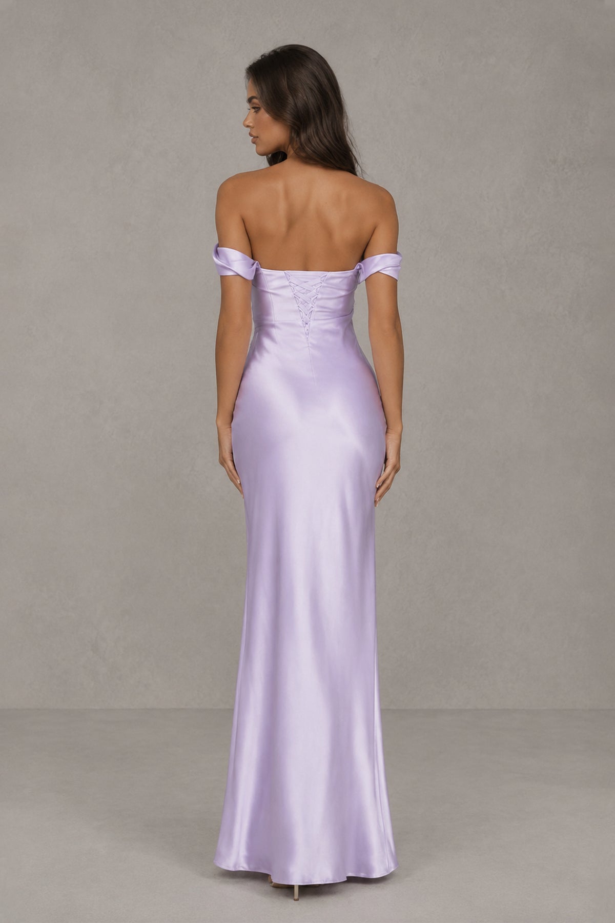 Back view of the lilac off-the-shoulder gown with an open lace-up back