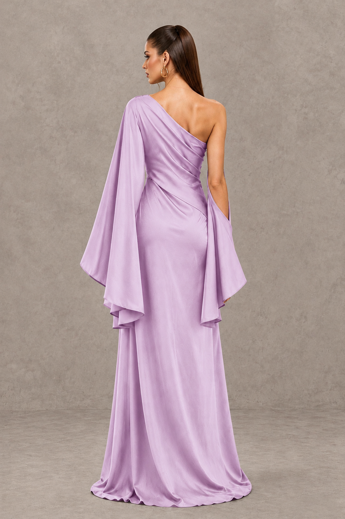 BOLODOO QQ097 lilac one-shoulder gown, back view with partially exposed upper back